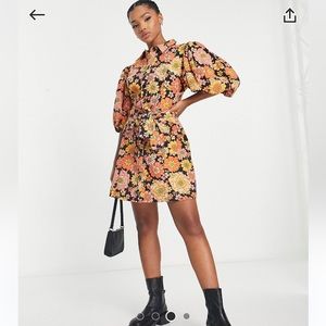 Retro floral twill puff sleeve shirt dress